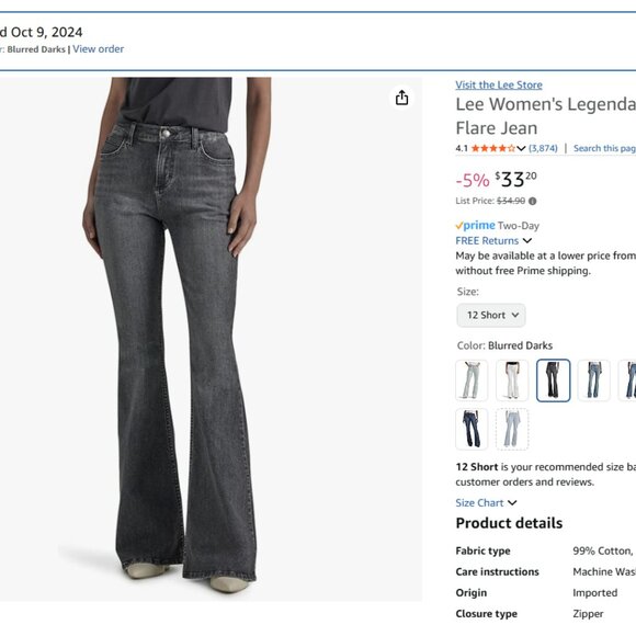 Lee Denim - Black BellBottom Lee Jeans Size12P